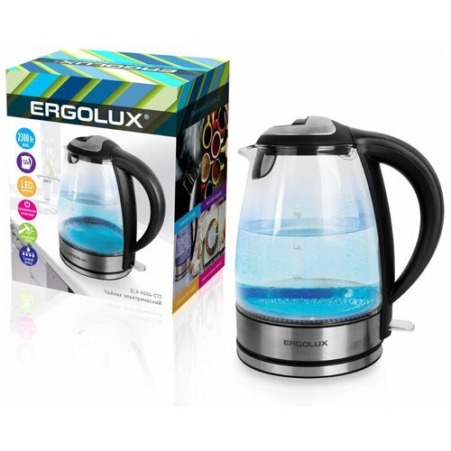 Чайник ERGOLUX ELX-KG04-C72 черный и нерж. сталь стеклянный, 1.8л, 160-250В, 1500-2300Вт Арт. 14498
