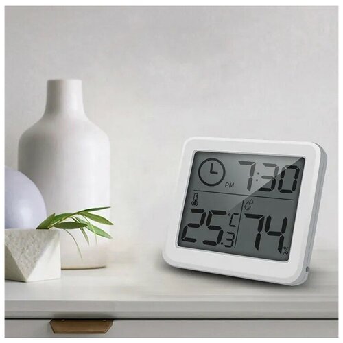 Метеостанция с часами, электронный комнатный термометр с датчиком влажности, белый