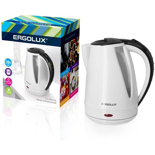 ERGOLUX ELX-KP02-C32 белый/черный (чайник пластиковый, 1.8л, 160-250В, 1500-2300Вт) (1 шт.)