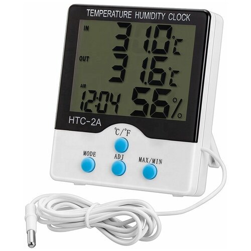 Цифровой термометр и гидрометр НТС-2A / Измеряет влажность в помещение / Выносной уличный датчик температуры / Часы и будильник