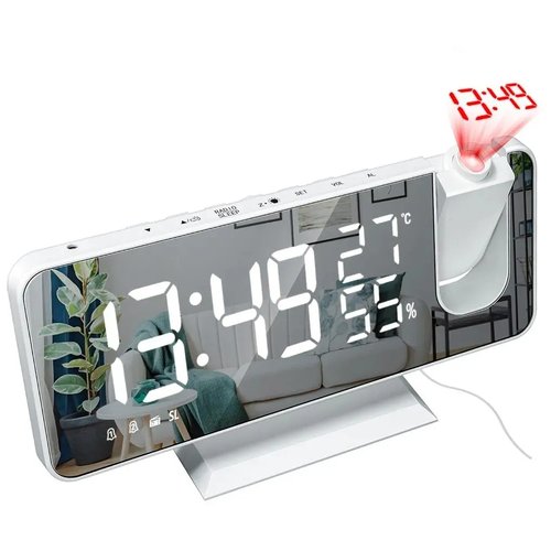 Часы - Будильник с проекцией времени на потолок и стену, термометром и уровнем влажности белые