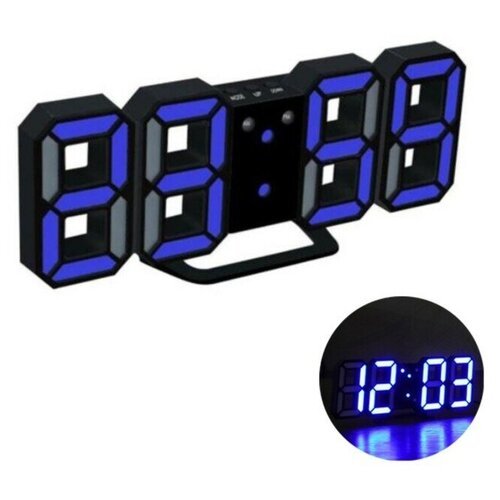 Часы-будильник электронные 'Цифры', цифры синие, с термометром, черные, 23х9.5х3 см 3244775