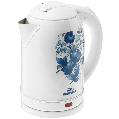 Чайник электрический Добрыня do-1214, металл, 2 л, 2000 Вт, белый с синими цветами