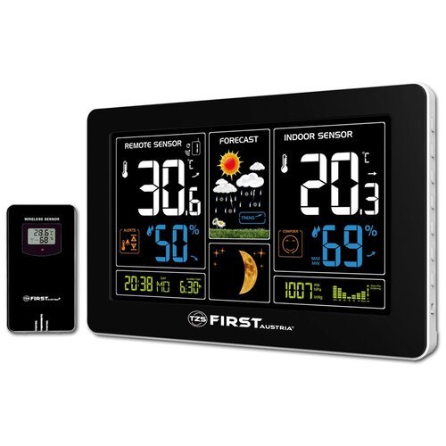 Метеостанция FIRST FA-2461-4 Black, цветной LED-диспл, USB-зарядка устройств, беспроводной датчик, черный